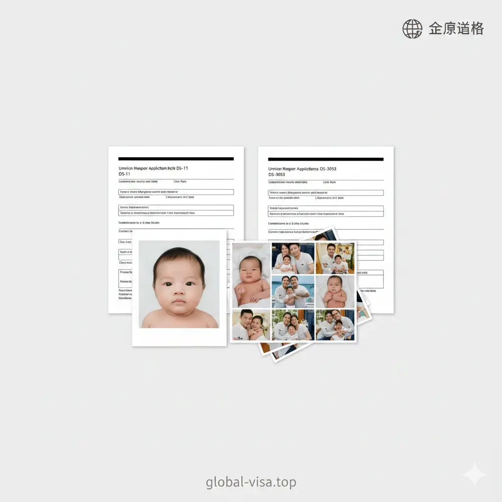 一张清晰的扁平化俯拍图,展示美宝办护照所需的核心材料清单。画面中心是DS-11表格和DS-3053表格,周围整齐摆放着51mm乘51mm的标准白底证件照、彩色家庭成长照片墙。色彩明亮,光线均匀,体现出 global-visa.top 处理文件的严谨性与条理性,风格简约现代。