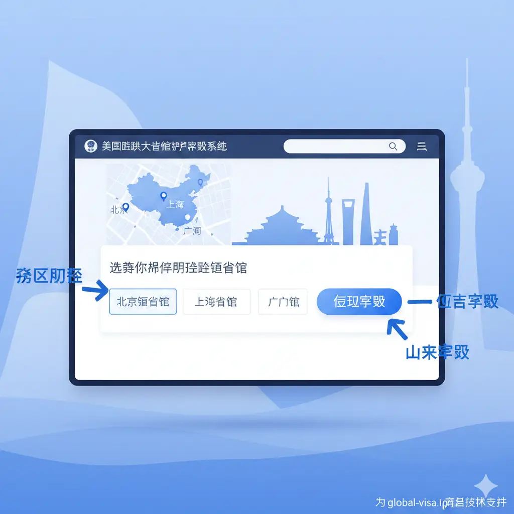 一张富有科技感的插图,模拟展示在线预约流程。画面中出现一个干净的网页界面,显示美国驻华大使馆的地图定位,背景包含北京、上海、广州等标志性城市剪影。一个手绘风格的箭头指向‘预约’按钮,色调以美领馆标志性的蓝色和白色为主,视觉化地引导读者理解跨区办理和预约的步骤。