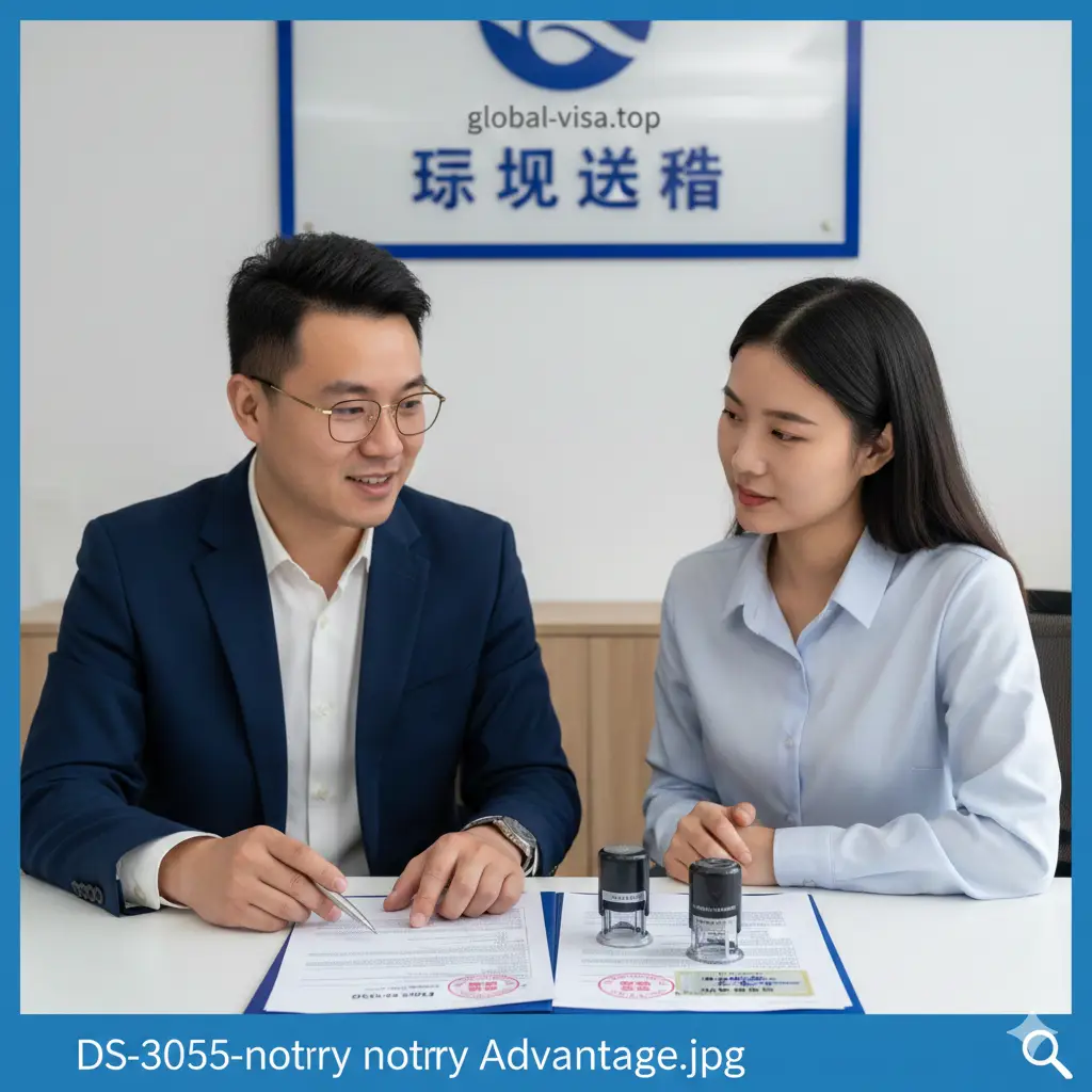 一张展示专业咨询场景的图片。一名身着商务装的专家正在耐心地为一位家长讲解DS-3053公证的细节,桌面上放着盖有公证戳记的文件。背景隐约可见 global-visa.top 的品牌标识。画面传递出专业、可靠、高效的氛围,强调机构在处理复杂公证和缺席父母授权方面的独特优势。