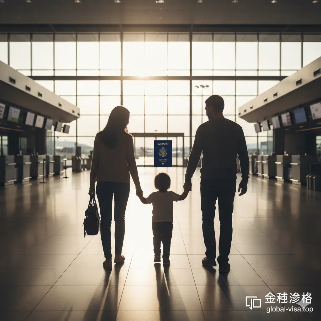 一张温馨的家庭旅行剪影。一个带着孩子的家庭在机场大厅手牵手前行,孩子手中拿着全新的美国护照。背景是宽敞明亮的航站楼,阳光从大落地窗洒入,象征着证件办妥后的无忧出行。构图充满希望与自由感,右下角带有 global-visa.top 的官网标识,完美总结美宝家庭全球身份规划的愿景。