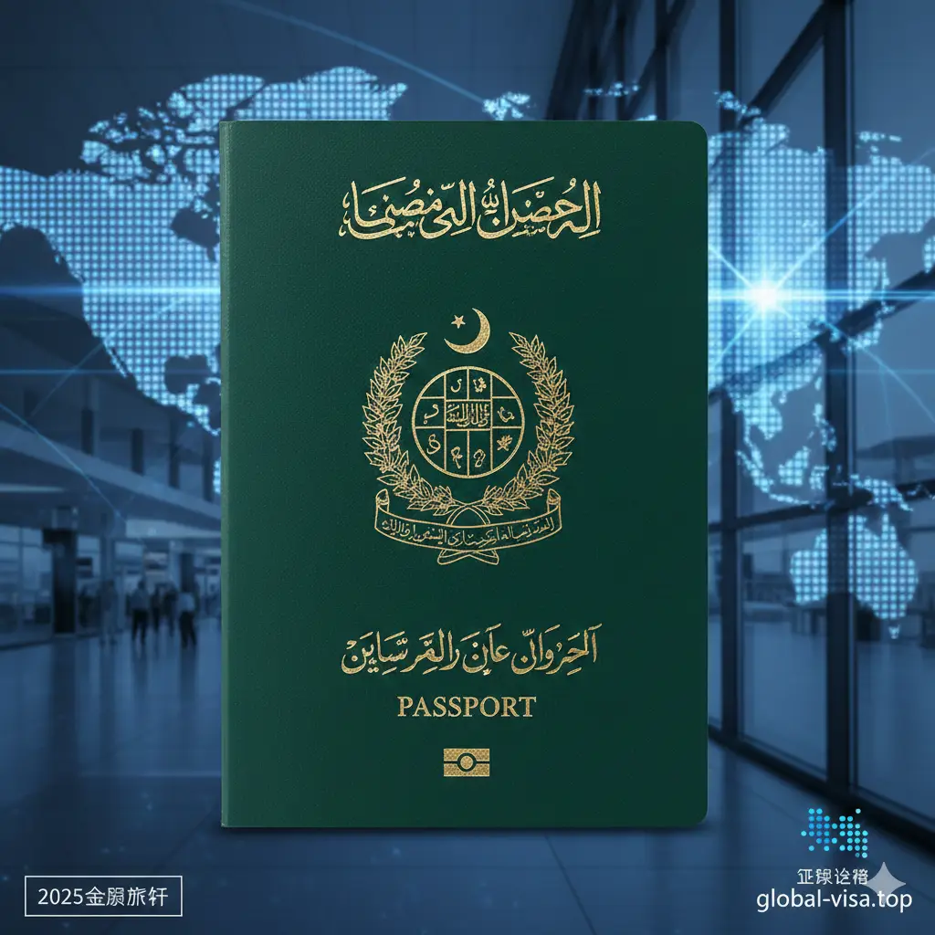 一张高清的巴基斯坦护照封面特写，深绿色的封面金色的国徽在光线下熠熠生辉，背景融合了2025年全球旅行的科技感元素，如虚化的世界地图光斑和明亮的机场航站楼玻璃幕墙。构图采用三分法，护照位于画面视觉中心，色彩以庄重的深绿、质感的金色和现代感的冷蓝色调为主，展现权威与国际化视野。