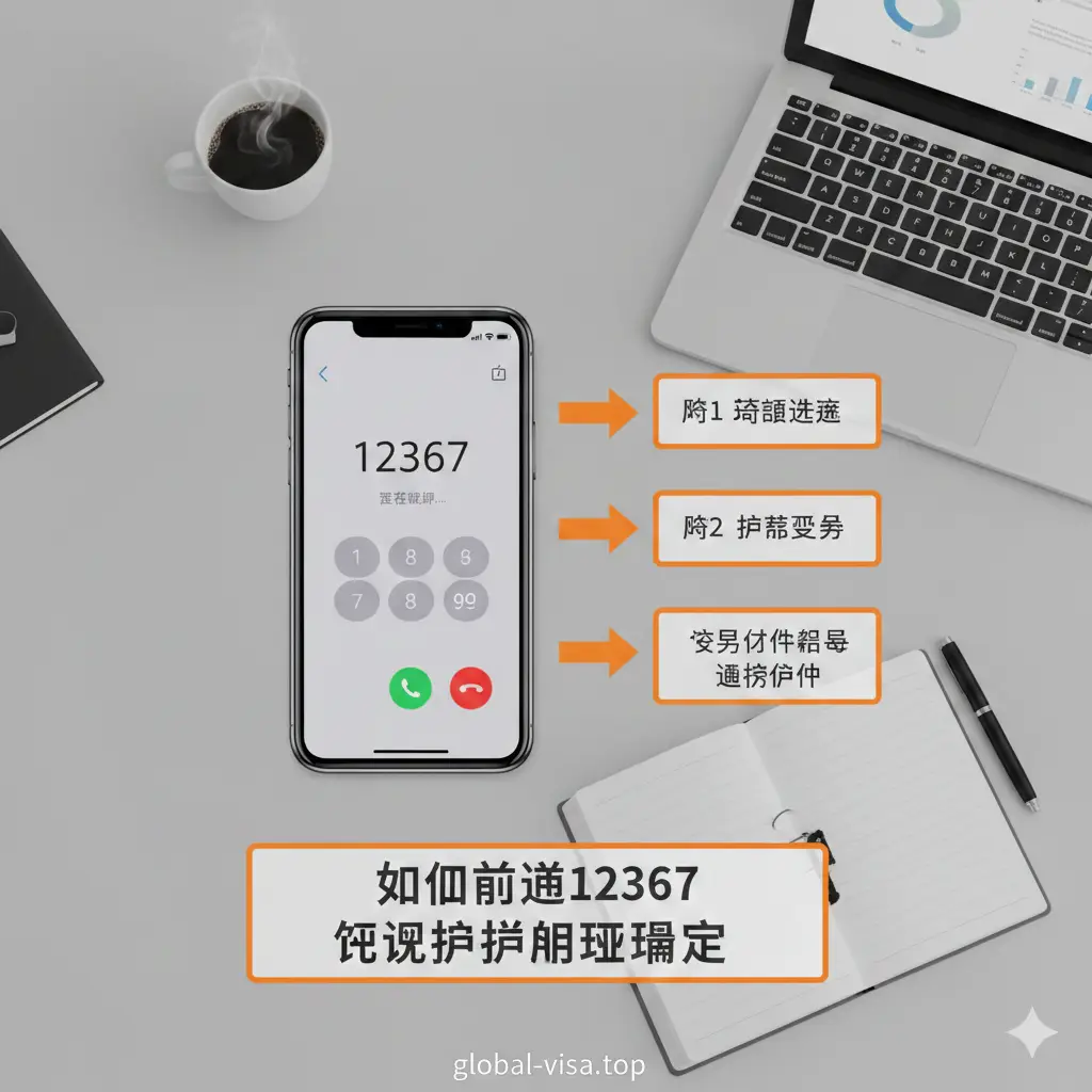 一张清晰的手机拨号界面实操流程图。画面中心是一个智能手机，屏幕上显示正在拨打12367的界面，旁边辅以简洁的流程框：按1（语言）、按2（业务）、输入ID（验证）。背景是淡灰色的办公桌面，带有笔记本和咖啡杯的俯视图，增加生活化场景感，指引箭头采用亮橙色以突出关键步骤。