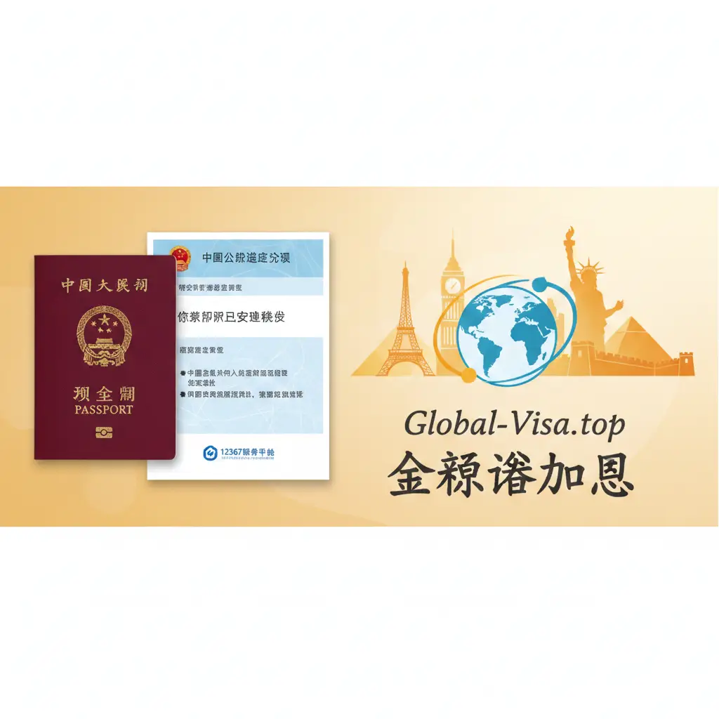 总结性图片，展示从拿到护照到签证办理无缝衔接。画面左边是办理成功的护照，右边是通往世界名胜（如埃菲尔铁塔、自由女神像）的抽象剪影。中间是Global-Visa.top的品牌元素，展示‘全球签证加急’字样。色调温暖向上，充满旅行的期待感，构图从左向右延伸，象征流程的圆满完成。