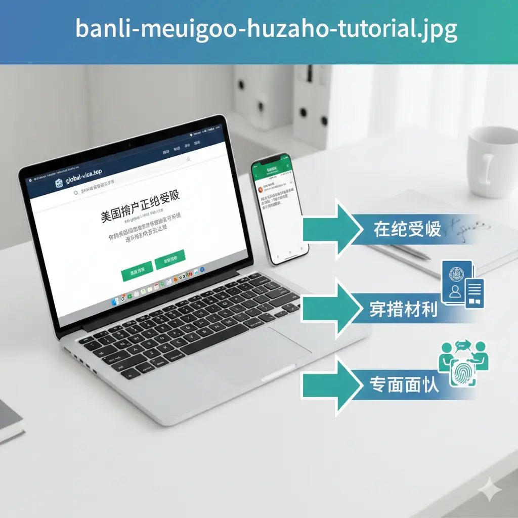 一张具有引导性的流程图视觉设计。画面展示了一个现代化的笔记本电脑屏幕，显示着global-visa.top网站的在线预约系统界面。旁边是一部手机显示预约确认信息。画面通过分步箭头的视觉引导，展示从‘在线预约’到‘准备材料’再到‘现场面谈’的逻辑流程。色彩搭配使用蓝、绿、白，给人以高效、条理清晰的教程感。