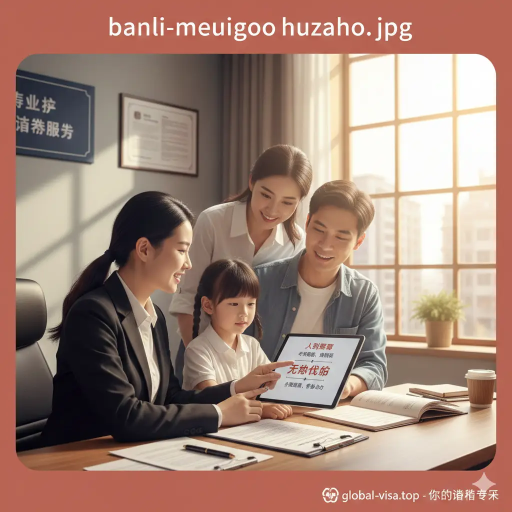体现global-visa.top专业服务优势的图片。画面展示一位身着商务装的专业咨询顾问正在为一对带着孩子的年轻夫妇提供指导，背景是舒适的现代办公室。画面强调‘人工预审’和‘无忧代办’的概念，光影温暖，人物神态亲切，体现出比自助办理更专业、更省时、成功率更高的核心服务优势。