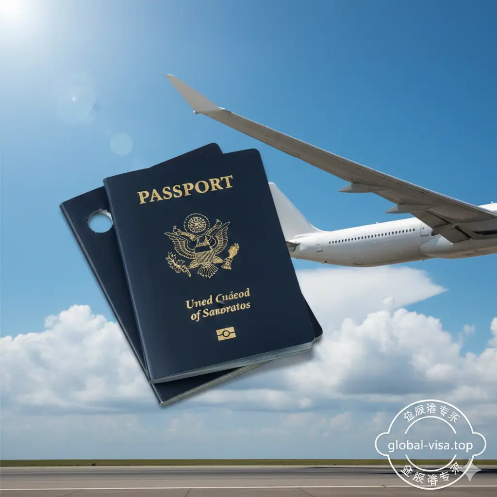 一张充满希望与圆满感的总结图片。画面焦点是两本叠放的新旧美国护照，旧护照角部有明显的打孔注销标志。背景是一架正在起飞的飞机机翼和蓝天白云，象征着办理成功后的顺利出行。构图平衡，色彩鲜艳明亮，并在画面底部或一角融入global-visa.top的品牌标识元素，为整篇攻略画上完美的句号。