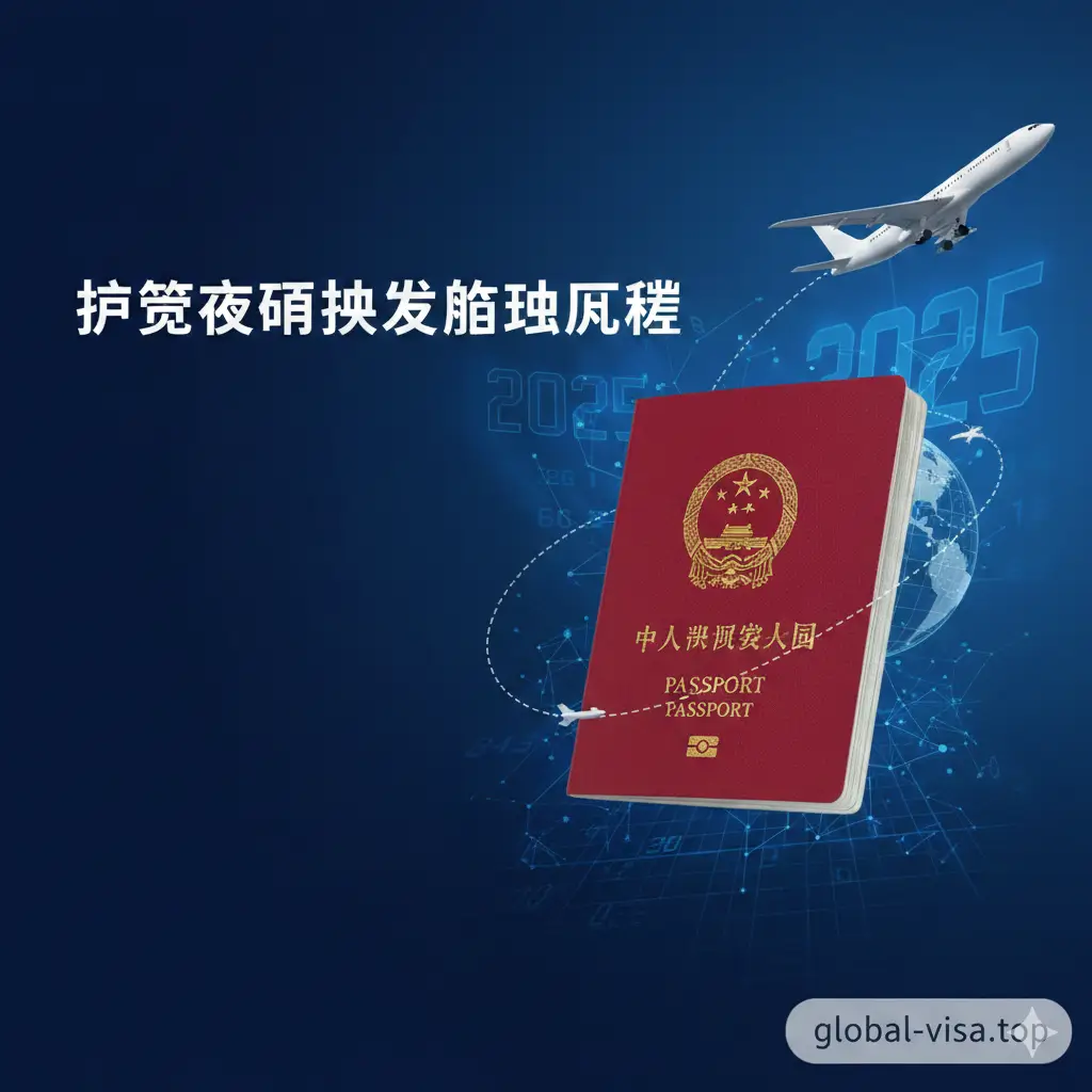 一张具有现代感和国际化视觉风格的文章封面图。画面中央是一本清晰的中国护照，周围环绕着标志性的全球旅游元素如波音飞机、地球仪轮廓以及极简的航线矢量图。背景采用大气的深蓝色渐变，融合了2025年数字科技感的线条。构图均衡，左侧留白方便添加‘护照过期换发办理流程’标题文字，整体色彩专业且具有信赖感，符合global-visa.top的高端定位。