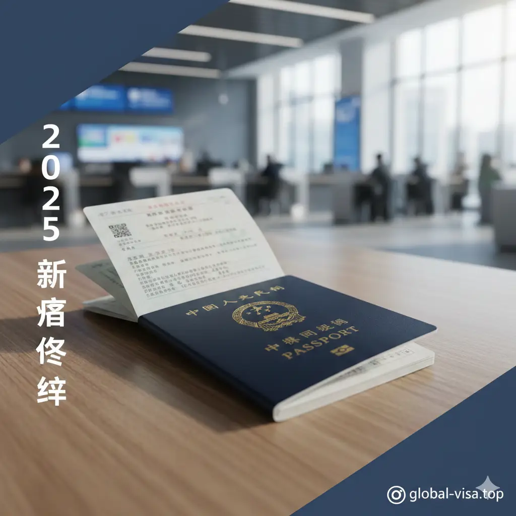 一张高质量且具有现代感的封面图。画面中心是一本清晰的中国护照，放置在干净、极简的木质或大理石桌面上。背景是一个模糊的现代化出入境办事大厅，光线明亮自然。图片侧边带有醒目的‘2025新政解析’字样。整体色调以温暖的木质色或专业的蓝色系为主，构图采用对角线分布，传达出专业、权威且易于办理的视觉感受。