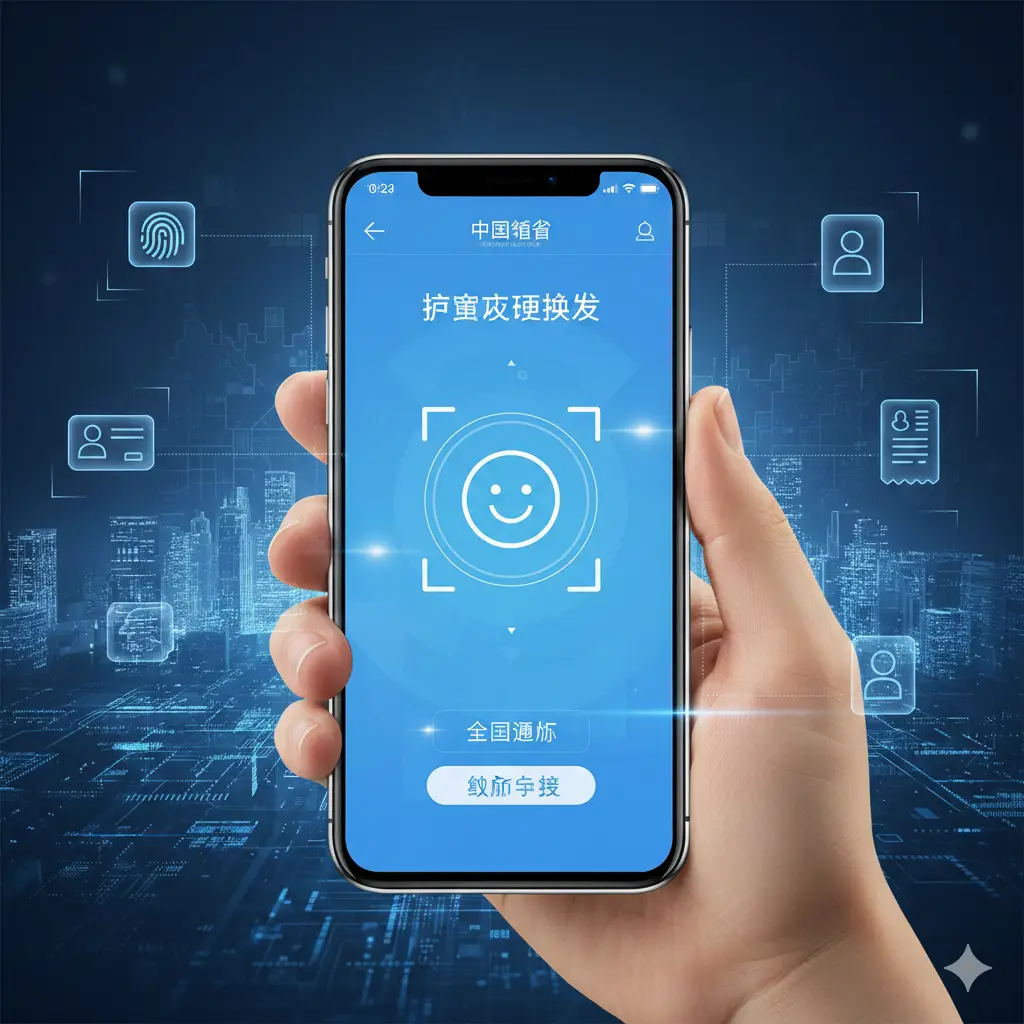 展示2025年护照办理的数字化功能特性。画面展现一只手拿着智能手机，屏幕上显示着‘中国领事’APP的简洁操作界面和人脸识别扫描框。背景是半透明的数字化城市底图和流动的各种证件图标（如身份证、指纹扫描、电子回执）。色调以科技蓝和纯净白为主，光影明亮，突出‘全国通办’和‘线上申请’的高效与便捷感。