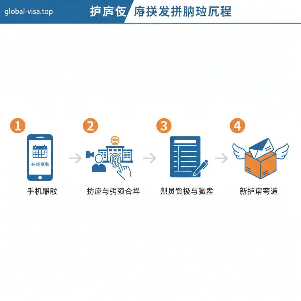一张清晰的阶梯式教程示意图。画面通过扁平化矢量风格展示办理流程：从手机预约、到出入境大厅拍照和指纹采集，再到最后收到快递包裹。每个步骤用亮色的序号标注，背景干净，元素排列整齐。色彩使用温暖的橙色和稳重的蓝色对比，让读者一眼就能看清护照过期换发办理流程的逻辑，适合作为文章中段的引导图。