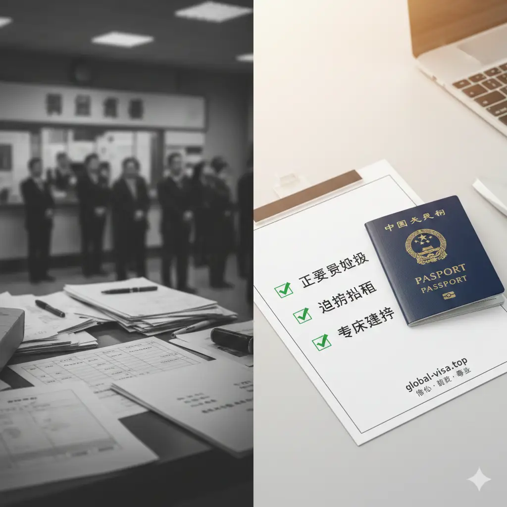 体现global-visa.top品牌专业优势的对比视觉图。画面左侧是杂乱的材料和旧式排队的虚化背景，右侧是整洁的现代化办公台面，摆放着一本崭新的护照和一张极简的Checklist清单。画面中运用了复选框打钩的元素，强调‘零错误’、‘避坑指南’和‘专家建议’的优势。光线柔和，采用45度俯瞰构图，传递出从容、省心的服务氛围。