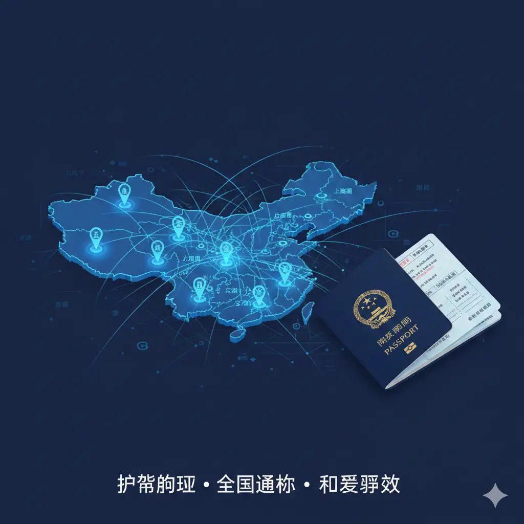 体现‘全国通办’优势的创意视觉图。画面中心是一个发光的中国地图，多个城市节点（北京、上海、广州等）通过流光线条连接，象征数据的互联互通。地图旁侧放置一本护照。风格采用科技感十足的扁平化3D设计，色彩以藏青色和亮蓝色为主，视觉冲击力强，突显异地办理和跨区预约的高效便捷优势。