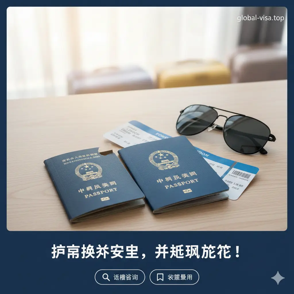 总结性视觉图，重点展示新旧护照的交替与签证迁移。画面展示两本护照（一本旧的已剪角，一本崭新的）并排摆放在干净的木质桌面上，旁边是一张飞往海外的机票和一副时尚的墨镜。色调明亮自然，充满旅行即将开启的喜悦感。构图具有故事感，寓意护照换发成功后的顺畅旅程，引导用户进行下一步的签证咨询或收藏操作。