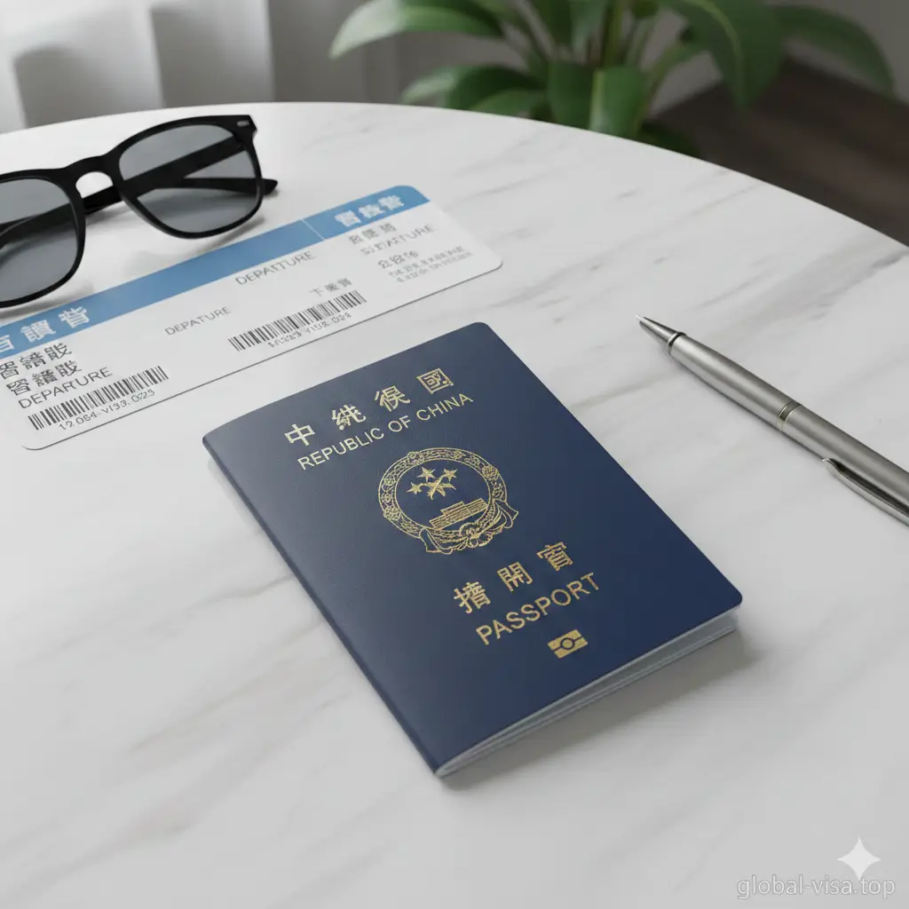 一张高清特写的最新版中华民国护照封面，放置在极简主义风格的白色大理石桌面上。护照金色的烫金字体在柔和的自然光下闪烁，旁边点缀着一张精致的国际登机牌、一副高质感的墨镜和一只钢笔。整体色调明亮、通透，采用对角线构图，展现高端商务旅行的质感，背景带有轻微的室内植物虚化，增强空间感。