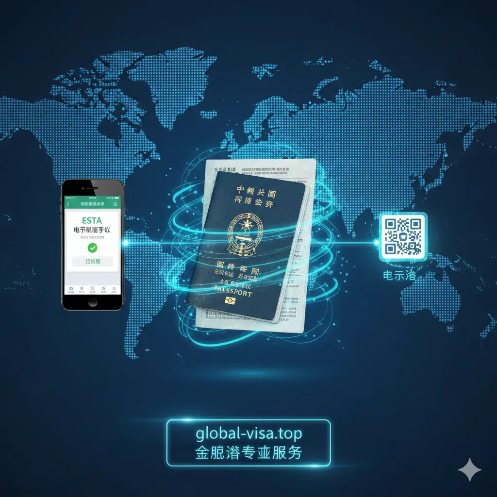 一张富有创意的信息图示风格图片，展示中华民国护照与数字化的连接。画面中心是护照的生物特征页，周围环绕着象征科技的蓝绿色发光线条，连接着智能手机上的ESTA审批页面和电子签证二维码图标。背景是蓝色的世界地图轮廓，光点闪烁代表全球通行的节点，体现global-visa.top专业、高效的功能性形象，风格现代且具有科技感。
