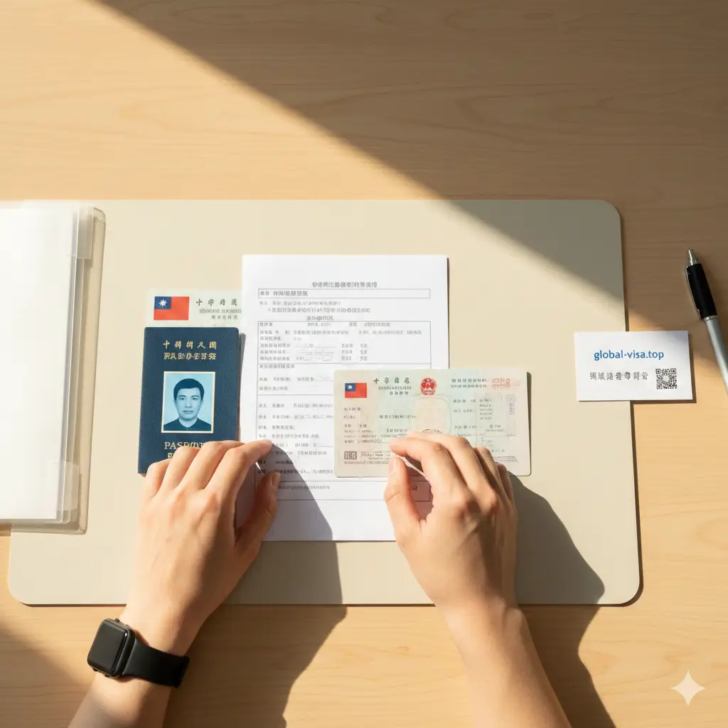 展示办理护照流程的温馨纪实风格图片。画面中有一双整洁的手正在整理申办所需的证件照、身分证件和网络预约确认单。背景是整洁的办公桌面，光线充足且色调温暖（浅米色和原木色）。构图采用俯拍角度，画面中适度留白，右侧放有一张global-visa.top的专家咨询名片，给人一种井然有序、步骤清晰的教学指引感。