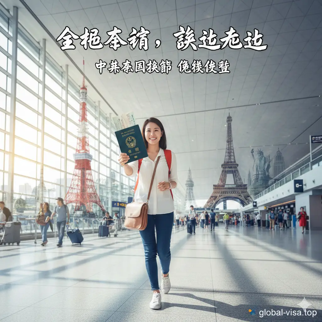 一张充满活力的旅行场景图，展现护照带来的免签优势。画面背景融合了东京塔、巴黎埃菲尔铁塔和纽约自由女神像的蒙太奇效果。前景是一名自信的女性旅行者手持中华民国护照，面带微笑穿梭在现代化的国际机场航站楼。色彩鲜艳、饱和度高，光影灵动，强调“全球通行、说走就走”的自由感与护照的极高含金量。