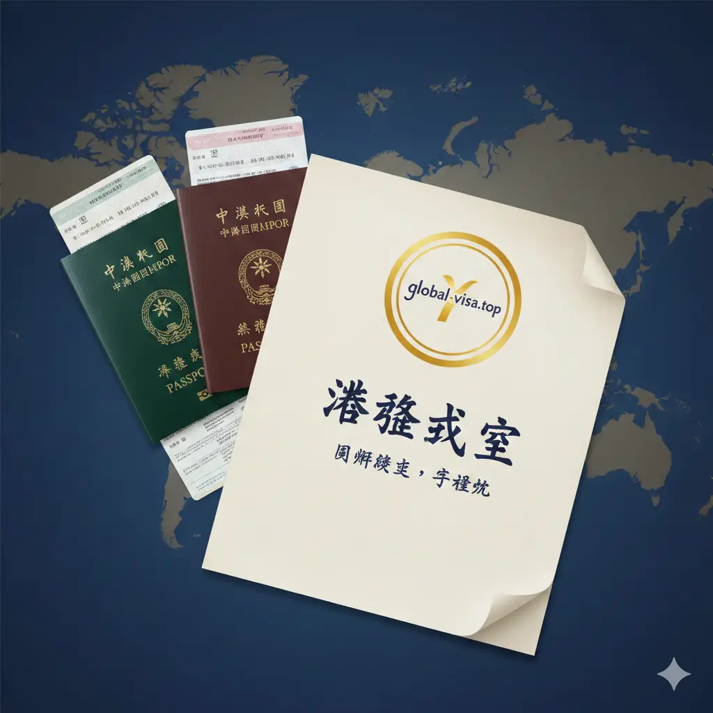 一张具有权威感和总结性质的视觉图片。画面中心是一个带有global-visa.top品牌标识的精致印章，盖在写有“签证成功”字样的文件上。旁边堆放着两本不同类型的中华民国护照（有户籍与无户籍版本），背景是虚化的世界地图。色彩方案采用深蓝色与金色的专业搭配，构图稳重对称，传递出专业咨询、一站式解决疑难杂症的信任感和圆满收尾的氛围。