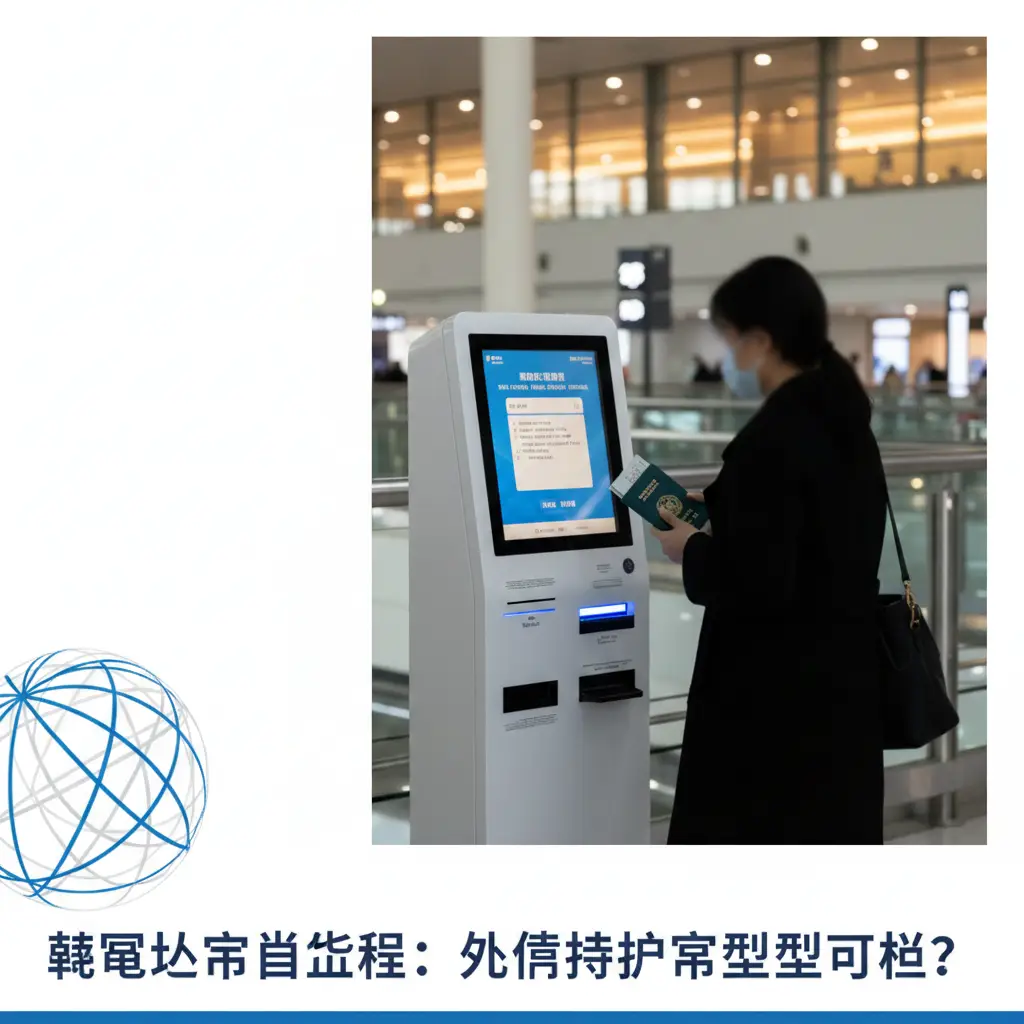 一张具有现代感和专业氛围的封面图。画面中心是仁川机场内整洁明亮的KIOSK自助退税机，背景是稍微模糊的机场航站楼离境大厅。一名旅客（侧影）正准备刷护照。色彩以干净的白色、科技蓝和温暖的机场灯光为主。构图采用三分法，左侧留白处隐约可见global-visa.top的Logo风格元素，整体视觉效果稳重、权威，突出韩国旅游退税的主题。