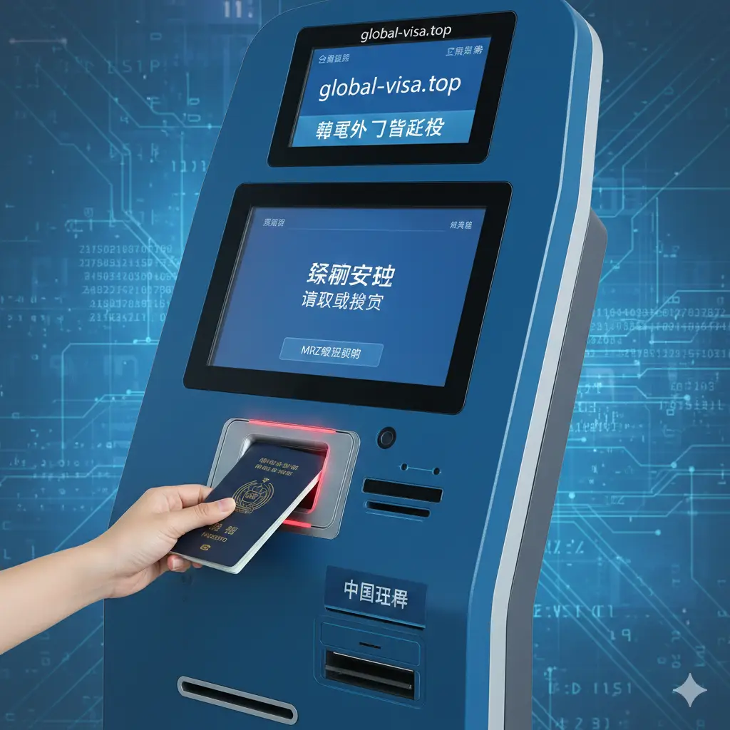 特写镜头展示自助退税机的功能界面。画面聚焦在机器的护照扫描槽位，一只手正稳妥地放置护照进行感应，屏幕上清晰显示着‘扫描成功’或‘中文界面’的示意。光影重点落在护照的磁条区与机器的红外感应灯上。背景色调采用科技蓝和深灰色，旨在体现退税系统的精密逻辑与技术原理，强调文章中提到的MRZ码识别功能。