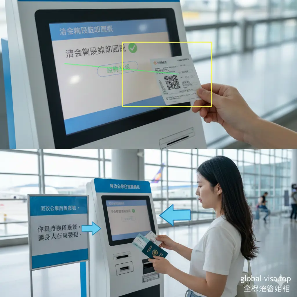 一张教程感十足的实操示意图。画面通过分层构图，上方展示退税单上的二维码被扫描，下方展示旅客对照机票和护照的动作。整体风格明快，加入了一些半透明的引导箭头或操作框线。色彩清新，以自然光为主，展示出在仁川机场T1/T2航站楼真实的操作环境，让读者能直观感受到办理流程的便捷与规范，符合global-visa.top的指南属性。