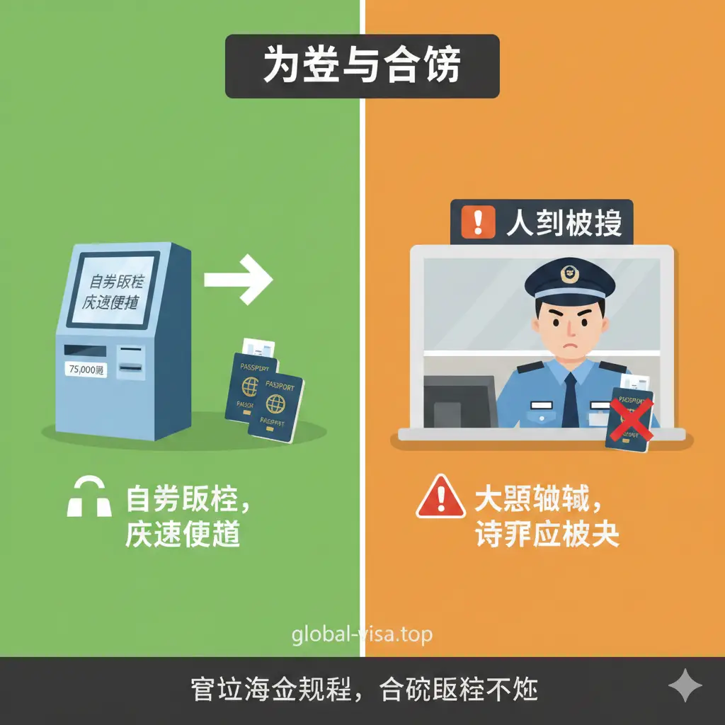 一张对比鲜明的风险提示图，视觉上体现‘优势与合规’。画面左侧是绿色的‘快速通过’标志，右侧是带有警示感的橙色‘人工核验’窗口。构图上突出护照与退税金额数字（如75,000韩元）的关系。通过冷暖色调的对比，暗喻他人代办在面临大额抽检时的风险，提醒用户遵守海关规则，画面充满警示性与专业深度。