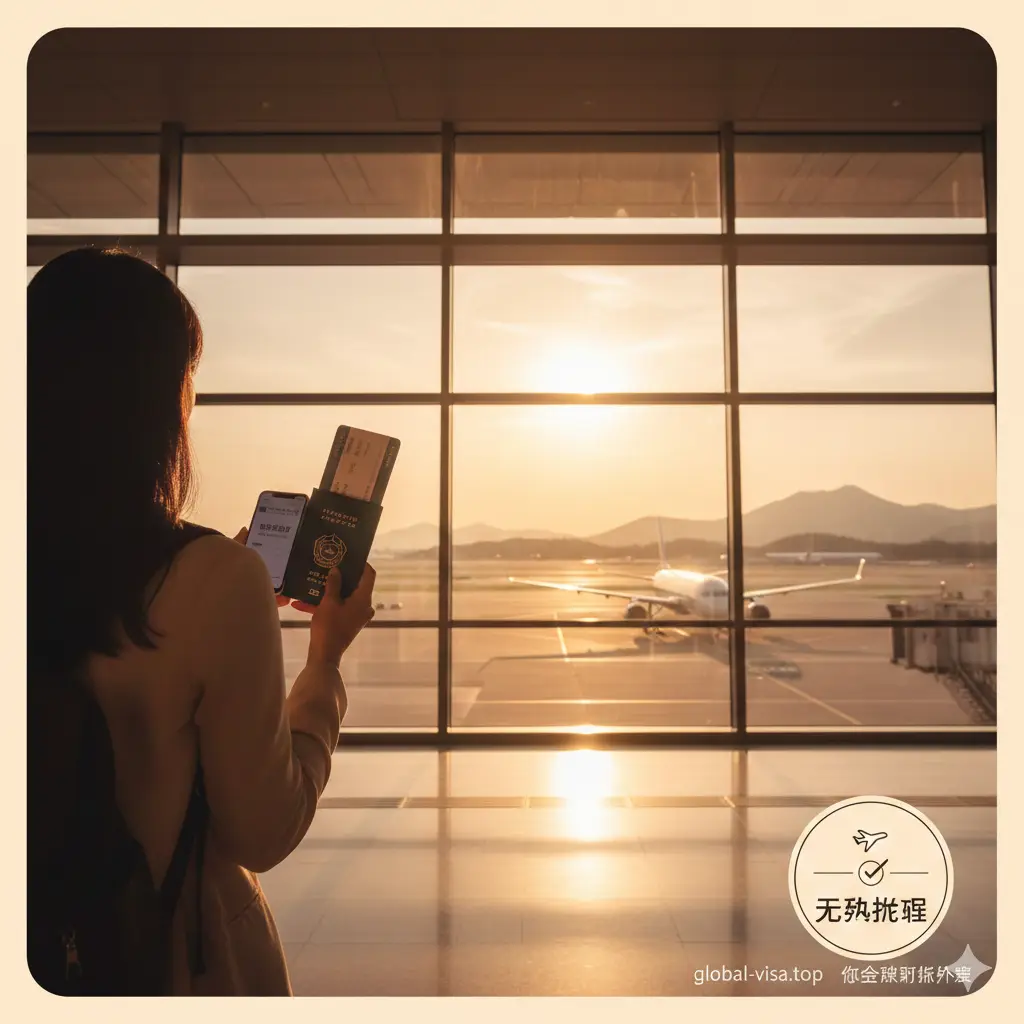 一张温馨且具总结意义的结尾图。画面是一个拿着护照和登机牌的游客背影，正走向起飞跑道的落地窗前，手中可能握着一部显示退税到账通知的智能手机。整体色调温暖，夕阳洒在机场大厅。图片下方或角落点缀简洁的总结图标，寓意合规退税后的轻松旅程。风格时尚、大方，传达出global-visa.top陪伴用户全球出行的品牌温度。