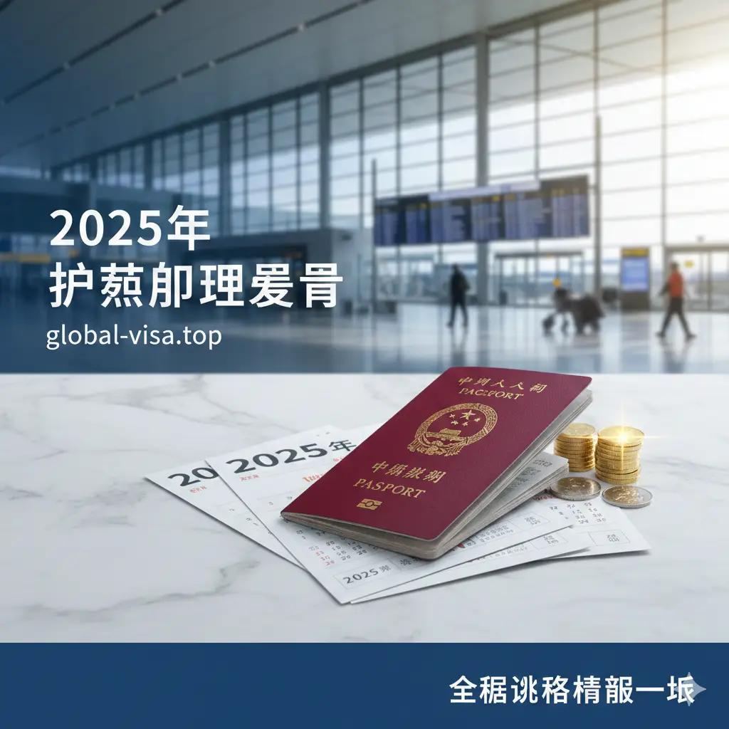 一张高质量的商务旅行风格封面图。画面中心是一本深红色的中国护照，放置在干净的白色大理石桌面上，旁边散落着一些2025年的日历页和几枚闪亮的硬币。背景是稍微模糊的现代化机场航站楼，阳光穿过落地窗。整体色彩明亮且具有专业感，构图采用对角线分布，文字区域预留充足，体现办理护照费用2025的主题。