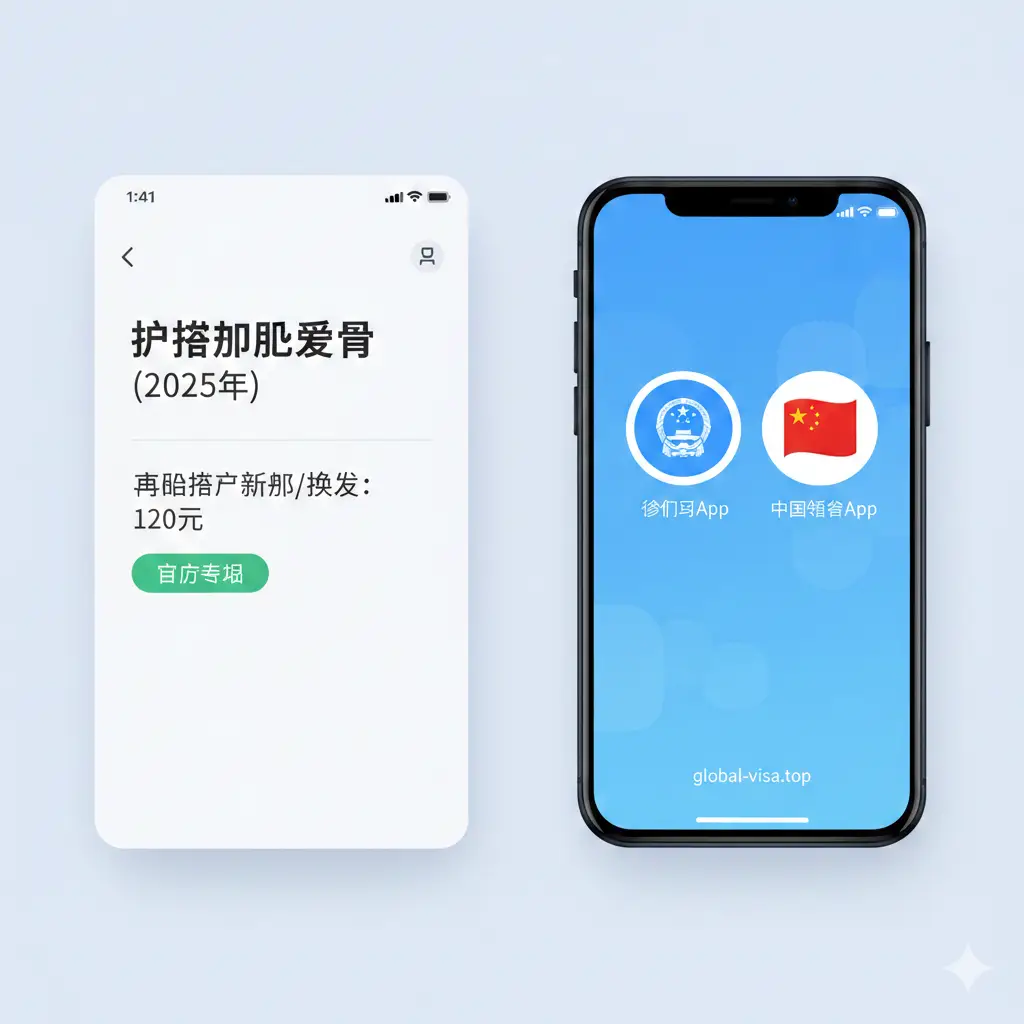 展示2025年护照办理的核心功能特性。画面呈现分屏效果，左侧是一个简洁的收费价目表界面，清晰标注着120元的字样；右侧是智能手机屏幕，显示着移民局App和中国领事App的图标。色彩以科技蓝和政府服务白为主，点缀绿色的‘官方标准’标签，构图平衡，展现出数字化办事的高效与透明。