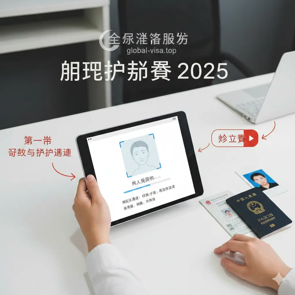 一张直观的步骤教学图片。展示一个干净的办公桌面，一只手正在使用平板电脑进行人脸识别验证，屏幕上显示出办理流程进度条。旁边摆放着身份证、旧护照和拍摄规范的照片。背景包含柔和的室内光线，使用插画与实拍结合的风格，加入指示箭头标记‘第一步预约、第二步缴费’，视觉引导性极强。