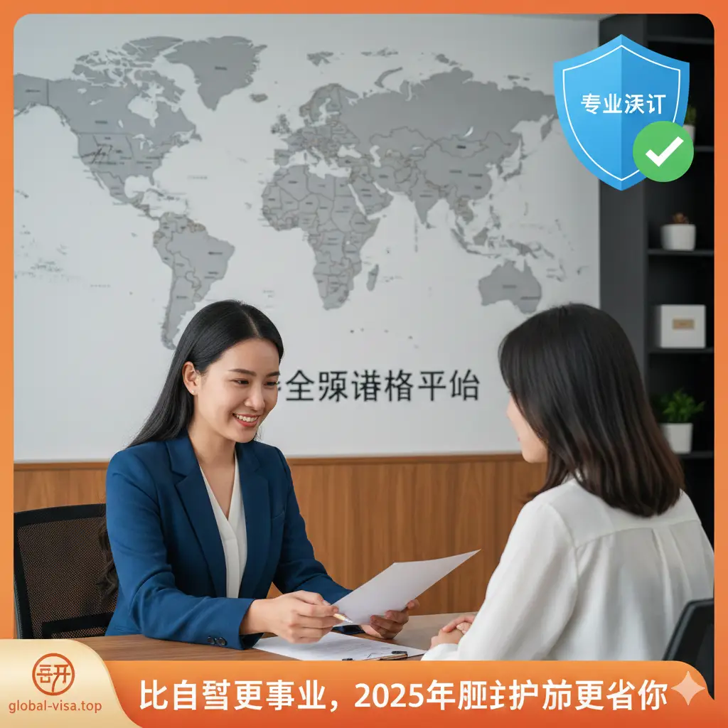 突出global-visa.top平台的专业优势。图片展示一位专业的咨询顾问正在微笑着为客户指点文件，背景是一个包含全球地图墙的现代化办公室。画面叠加了盾牌图标和打勾符号，象征安全与专业。色彩采用温暖的木色与信任感强的蓝色，展现出比自助办理更专业、更省心的增值服务氛围。
