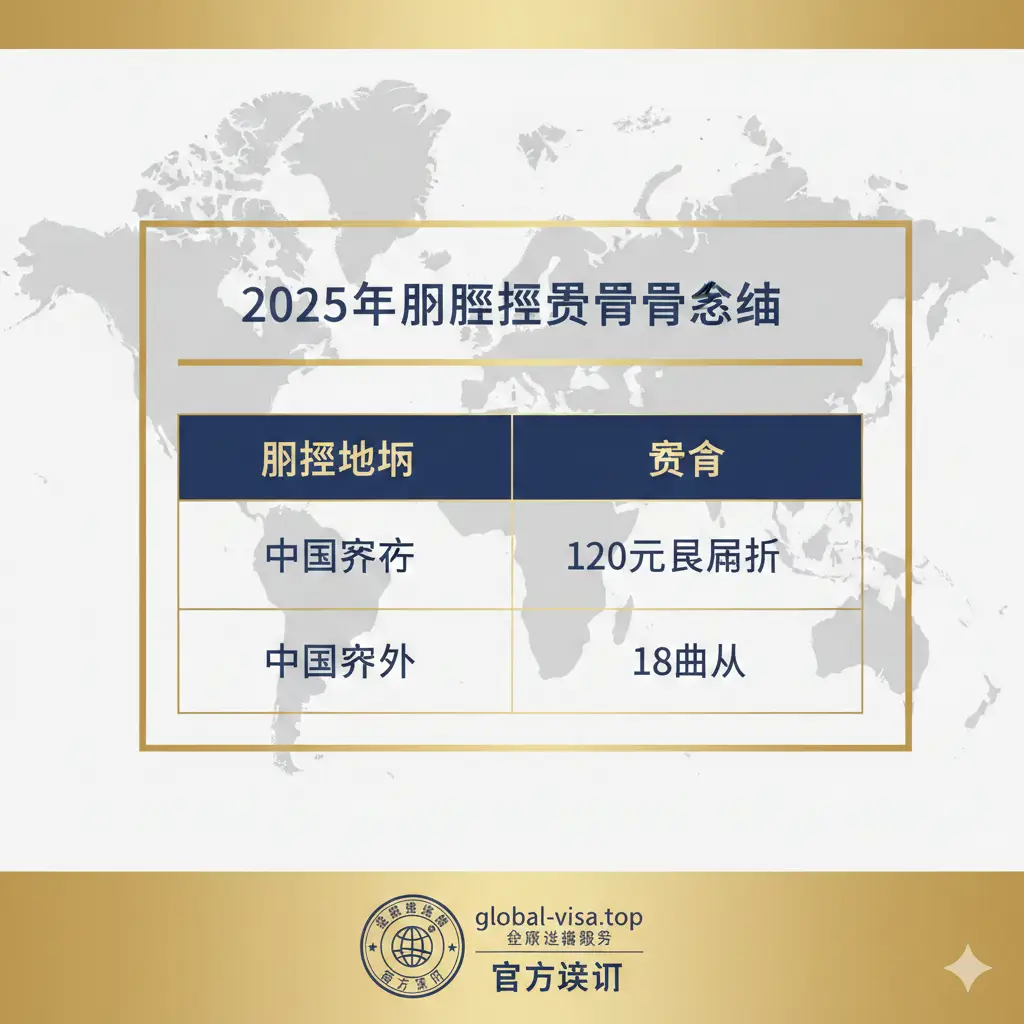 总结性信息图表。画面背景为淡灰色的世界地图轮廓，中心是一个清晰的对比表格，列出了境内120元、境外18美元的核心数据。文字周围有金色的边框点缀，增加权威感。底部包含一个带有global-visa.top标志的印章图案。构图紧凑，信息密度适中，色彩和谐，让用户一眼就能记住全文核心结论。