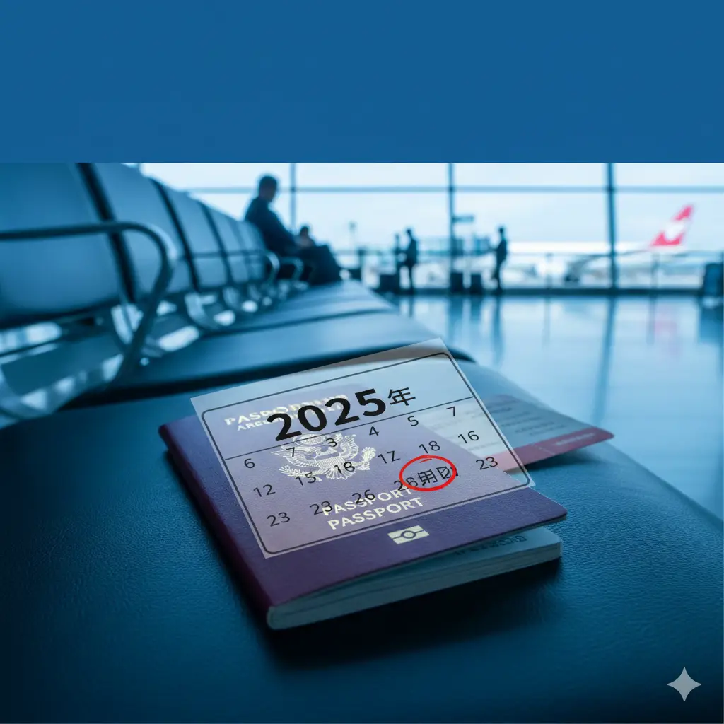 一张极具冲击力的特写构图，展示一本深红色护照放置在机场航站楼的长椅上，背景是模糊的登机口和停机坪上的飞机。护照封面上清晰地叠加上2025年的日历光影，红色警示圈圈出护照的到期日期。整体色彩采用明亮的商务蓝色调与醒目的警示红对比，画面上方留有空白区域适合叠加标题。风格写实且具有故事感，体现旅行前的紧迫感。