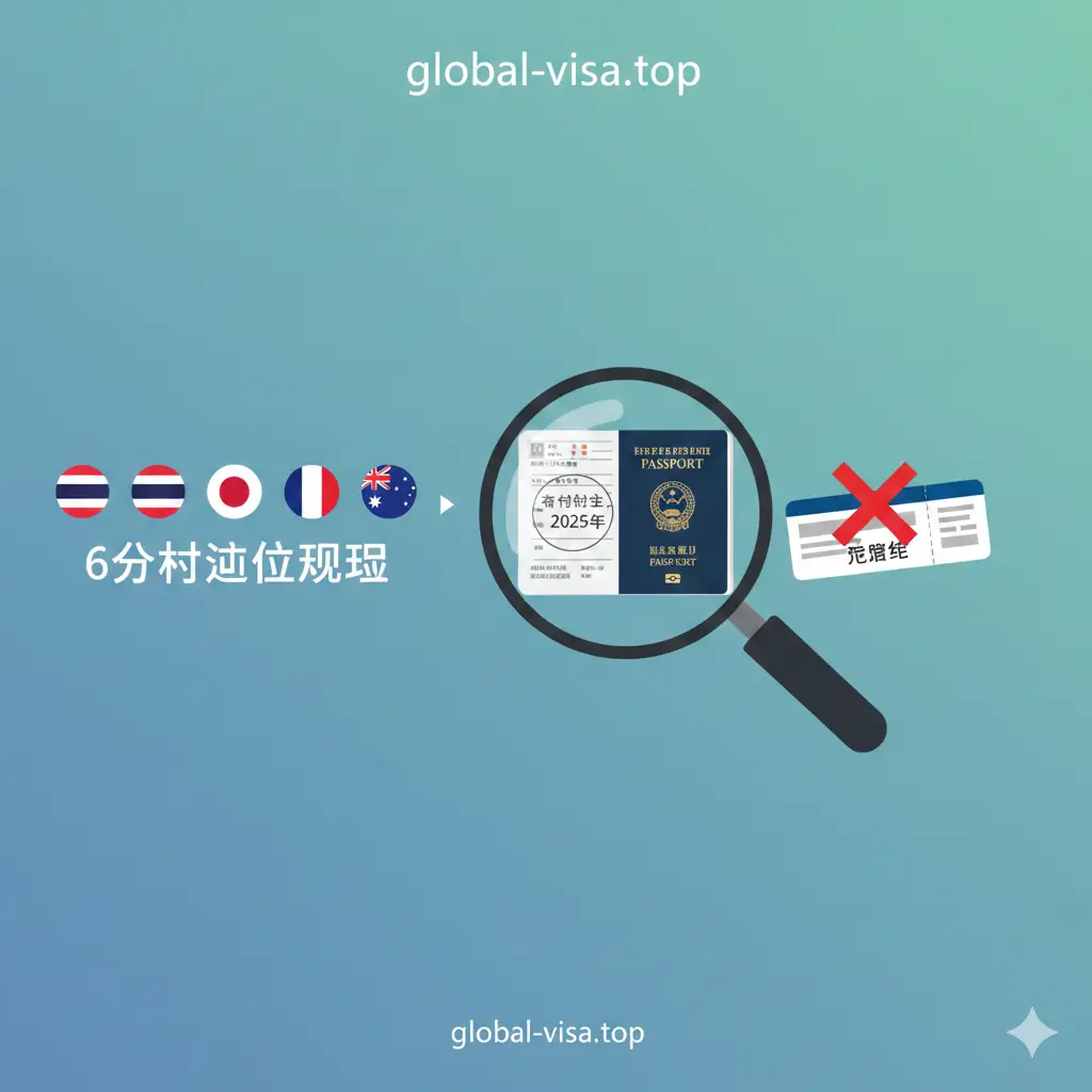 一张清晰的对比示意图，采用扁平化设计风格。画面中心是一个放大的放大镜，聚焦在护照的‘有效期’栏目上。左侧展示东南亚、欧美等国旗图标，伴有‘6-Month Rule’（6个月规则）的文字提醒；右侧展示一个带有打叉符号的登机牌。配色方案使用global-visa.top品牌标准色，构图整洁，用直观的视觉元素传达不同国家对护照有效期的严格要求。