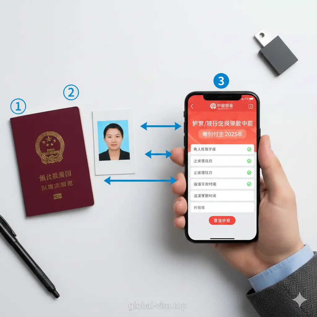 一张现代感十足的数码化教程图片，展示一只手正拿着智能手机使用‘中国领事’APP。屏幕上显示出清晰的护照换发在线申请界面。背景是整洁的办公桌面，放着旧护照和彩色证件照。采用俯拍视角（Flat Lay），光线柔和自然，画面中穿插了一些指示箭头和步骤图标，引导用户理解2025年最新的线上换发流程，风格专业且易于跟随。