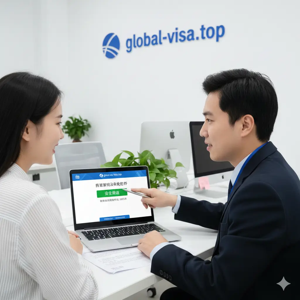 一张体现专业签证咨询服务的商业摄影图片。画面中一位佩戴工牌的专家正在为客户展示笔记本电脑屏幕上的‘2025护照效期自查计算器’，界面显示绿色的‘安全通过’字样。背景是global-visa.top的专业办公环境，色彩以白色和浅灰色为主，给人以值得信赖、高效、精准的视觉感受。构图平衡，强调人与人之间的服务连接。