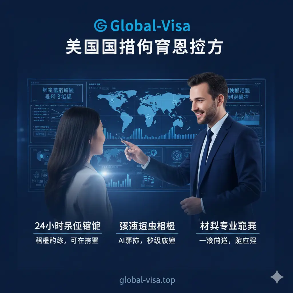 一张强调品牌核心竞争力的优势图。画面展示一位身穿商务装的Global-Visa顾问正在与客户沟通,背景是实时滚动的全球护照预约监控大屏幕,显示着纽约、旧金山等地的预约名额状态。强调‘24小时监控’、‘极速锁定’、‘材料预审’三个优势。色彩以信任感强的深蓝色为主,光影处理高级,展现出机构在解决美国护照加急预约难点上的技术优势和丰富经验。
