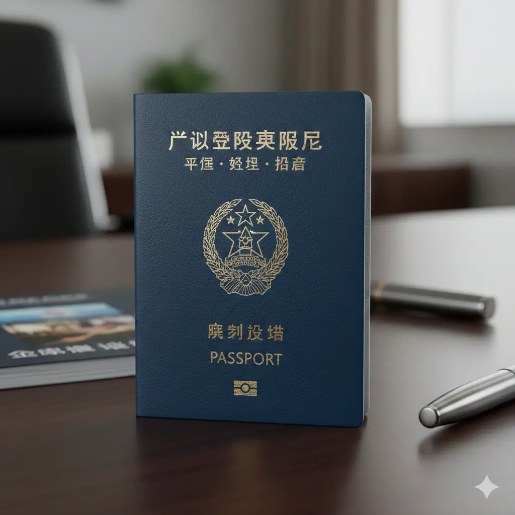 一张高清的几内亚比绍护照封面特写图片。护照呈现深蓝色皮质纹理，金色国徽图案清晰可见。护照放置在精致的深色木质办公桌上，旁边点缀着一支高端钢笔和一本模糊的国际学校简介手册。整体色调偏向稳重、专业的暖色调，采用浅景深构图，突出护照细节，营造出高端移民服务的商务感，适合global-visa.top网站风格。