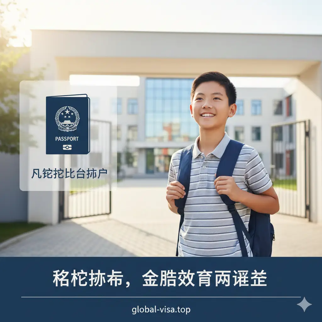 展示几内亚比绍护照在教育领域的应用功能。画面中一位充满阳光气息的华裔少年正背着书包步入现代化的国际学校大门，背景隐约可见教学楼。左侧以半透明浮层展示护照的剪影图标。构图采用三分法，色彩明亮自然，充满希望感。视觉重点在于展现身份转变带来的优质教育机会，强调‘名校跳板’的核心价值。