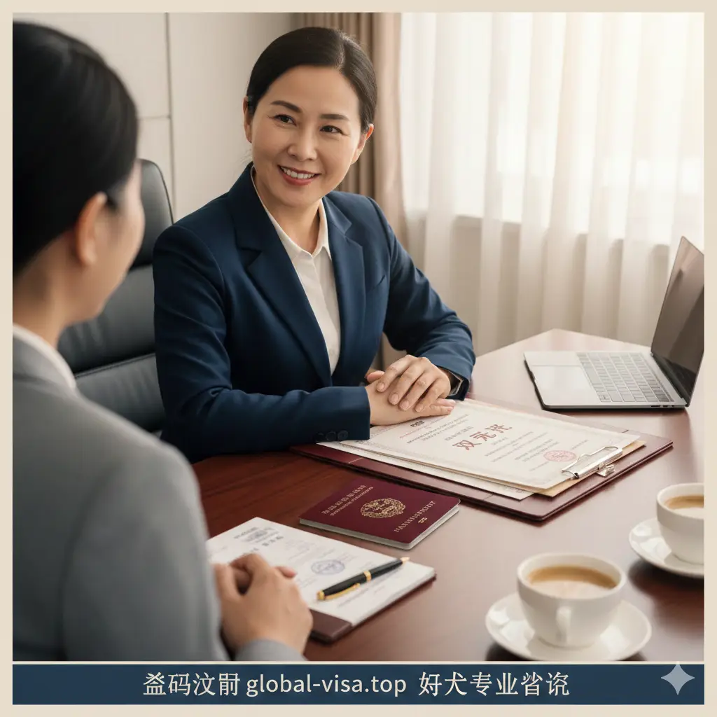 文章总结与行动呼吁图片。画面是一位穿着职业装的资深移民顾问正微笑着与客户沟通（仅展示背影或侧面，聚焦于专业的服务姿态），桌面上摆放着几内亚比绍护照的相关核查文件和‘双认证’证书。光线柔和，给人以诚信、安全、可信赖的感觉。底部留有视觉空间感，暗示用户联系global-visa.top进行专业咨询，完美呼应结语内容。