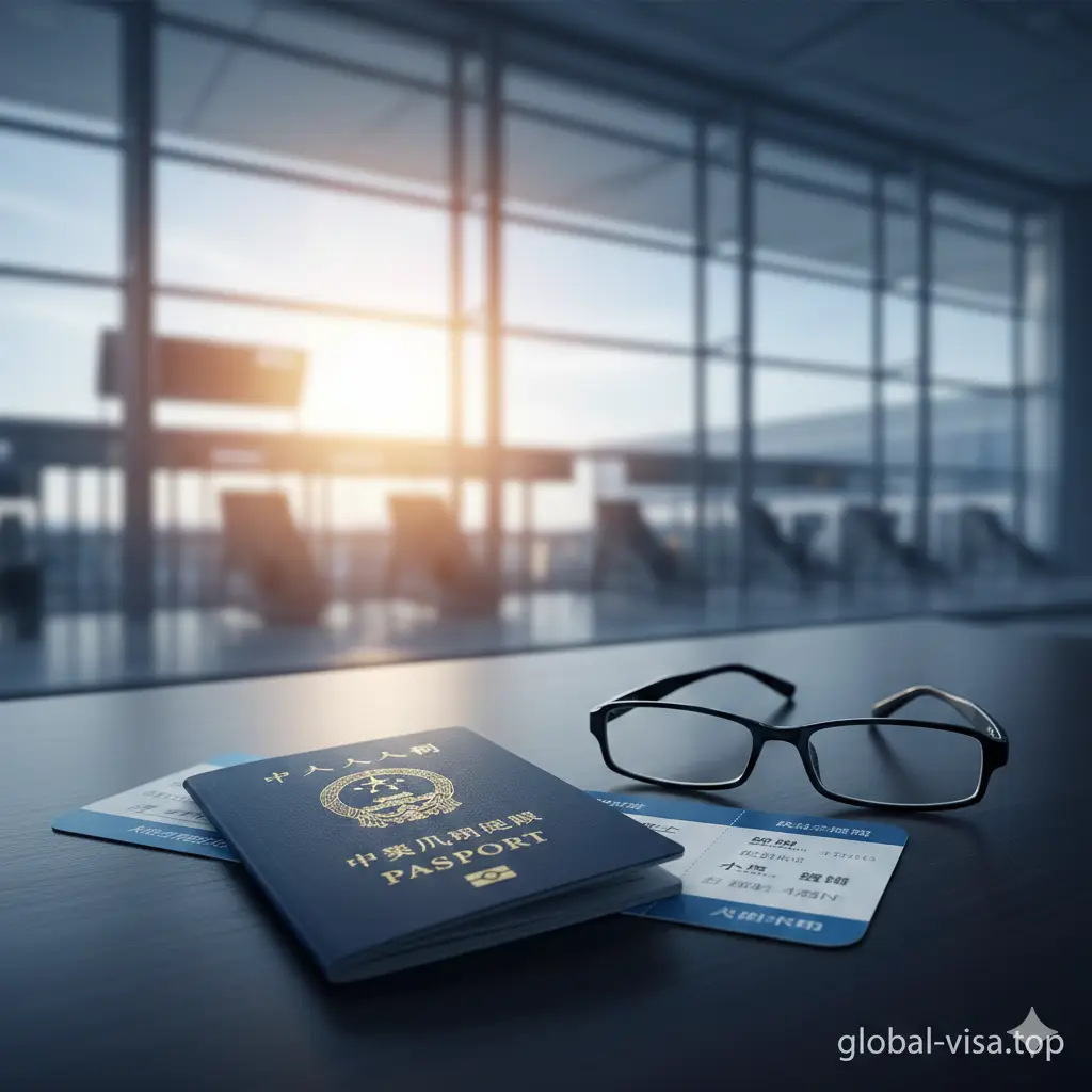 一张具有紧迫感和商务高端感的封面图。画面中心是一本深蓝色的中国护照，放置在整洁的办公桌上，旁边是一张飞往国际目的地的机票和一副精美的黑框眼镜。背景是模糊的航站楼登机口，阳光透过落地窗洒下。画面上方或侧面留有文字空间。整体色调以冷蓝色和温暖的阳光色为主，采用大光圈虚化背景，突出‘护照加急’的专业与时效感。