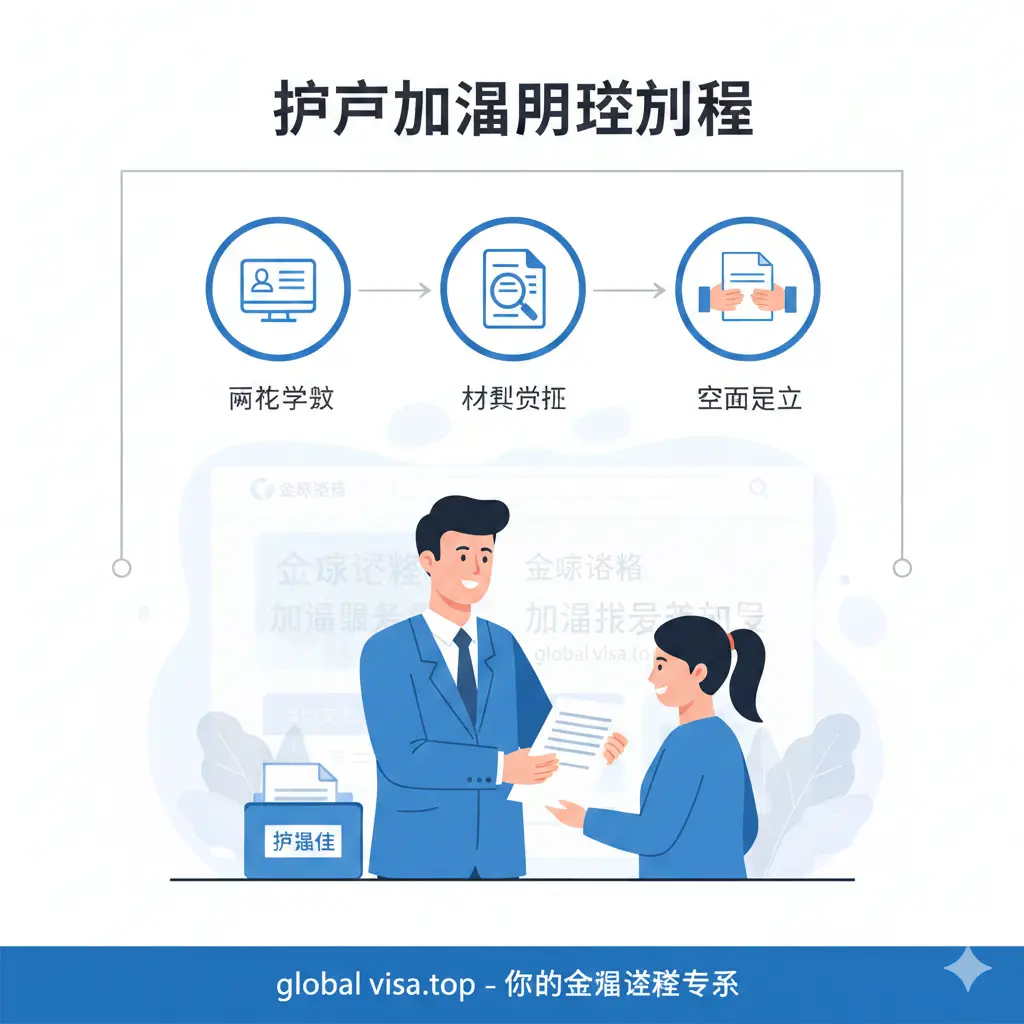 一张清晰的护照加急办理流程教学插图。画面以扁平化UI设计风格呈现，展示从‘网上预约’到‘材料审核’再到‘现场递交’的步骤图标。图中有一个专业的咨询顾问形象正在协助用户整理文件，背景带有淡淡的global-visa.top网站页面元素。色彩明亮，以白色为基调，搭配蓝色和灰色的引导线条，构图整齐，具有极强的指引性。