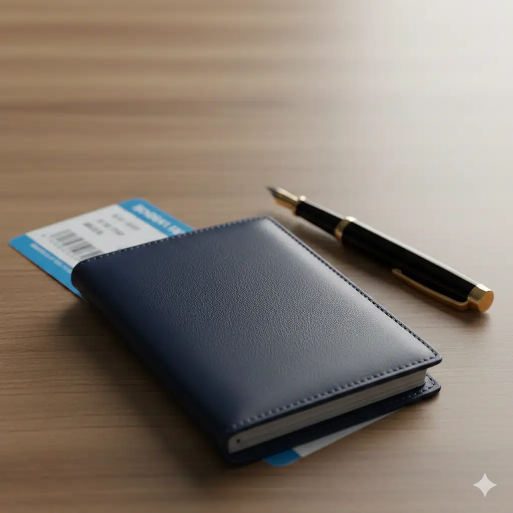 这张封面图采用高品质商务摄影风格。在光线柔和的木质桌面背景上，放置着一本深蓝色的精致真皮护照套，旁边点缀着一支高端钢笔和一张若隐若现的国际机票。画面中心聚焦于护照套的质感缝线，整体色彩呈现出沉稳的深蓝与温暖的木色，传达出国际旅行的专业感与高级感，上方留白方便添加标题文字。