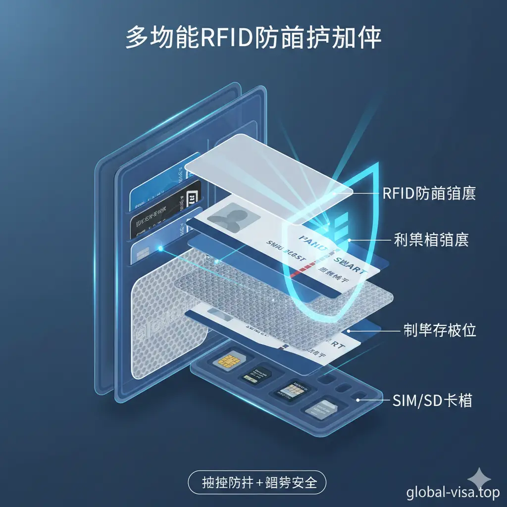 这张功能展示图采用科技感十足的3D渲染风格。核心展示护照套的内部结构，通过半透明的分层视图，清晰标注出RFID防盗电磁屏蔽层、卡槽、机票存放位以及SIM卡槽。画面使用冷色调蓝色强调安全性，通过光效线条模拟信号拦截过程，直观传达出物理保护与数字信息安全双重保护的产品特性。
