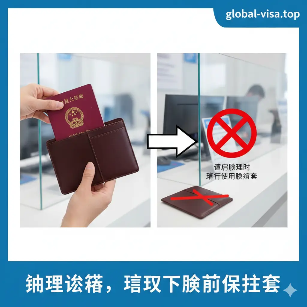 这张教程图采用干净简洁的实景分步指引风格。画面左侧展示一只手正在将护照从深棕色的护照套中轻轻取下，右侧背景是模糊的签证中心柜台。通过箭头和简洁的图标（如禁止符号对应在柜台使用护照套），清晰地向用户展示在办理签证时应主动拆除保护套的正确操作规范，背景色彩明亮且专业。