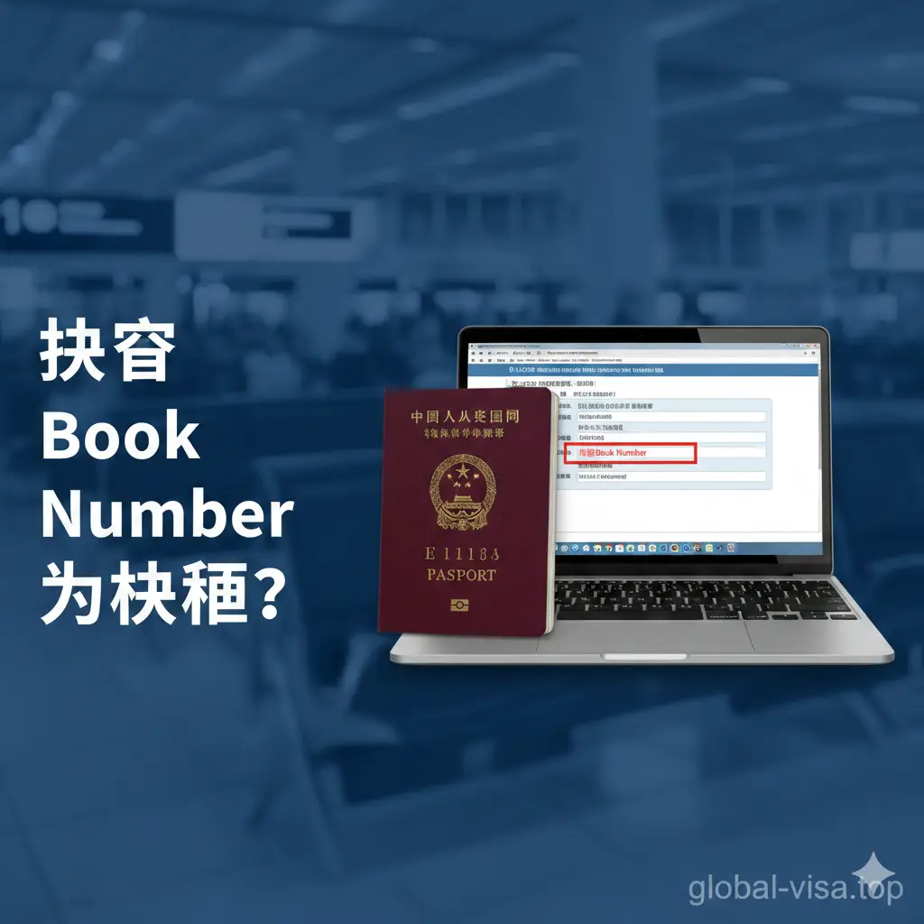 一张高质量的封面大图,背景是模糊处理的国际机场候机厅。画面中心近景展示一本中国电子护照(E开头)和一台打开的笔记本电脑,屏幕上显示着DS-160申请页面。画面左侧使用醒目的中文字体标注‘Passport Book Number在哪里?’,整体色调以商务蓝和护照红为主,构图平衡,展现出权威、专业的签证指导氛围。