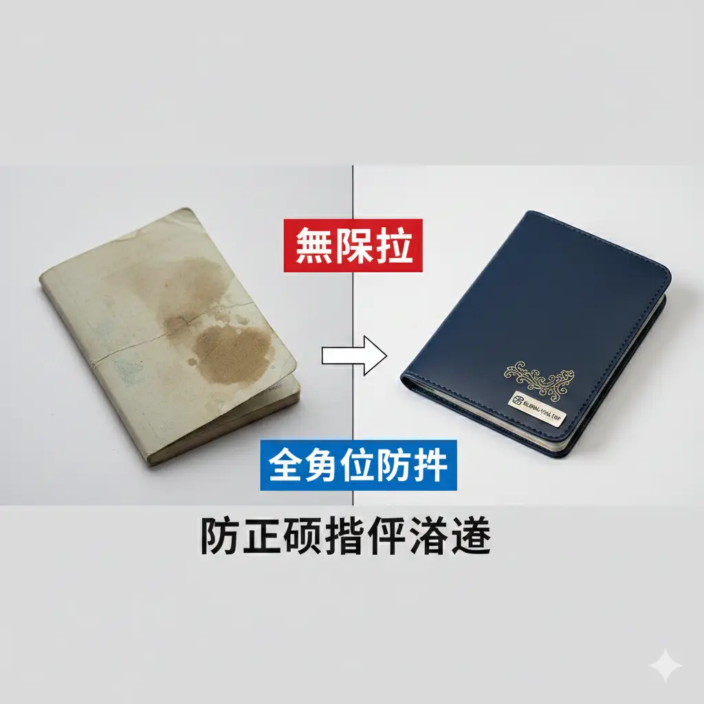 这张优势对比图采用左右分割的视觉构图。左侧展示一本没有保护、边角起毛且有水渍污损的旧护照，显得破旧；右侧展示在精美护照套保护下的护照，依然平整如新。中间使用明显的对比色块和文字标注（如“无保护 vs 全方位防护”），背景采用极简灰白色，突出“防止损坏影响签证”的核心优势。