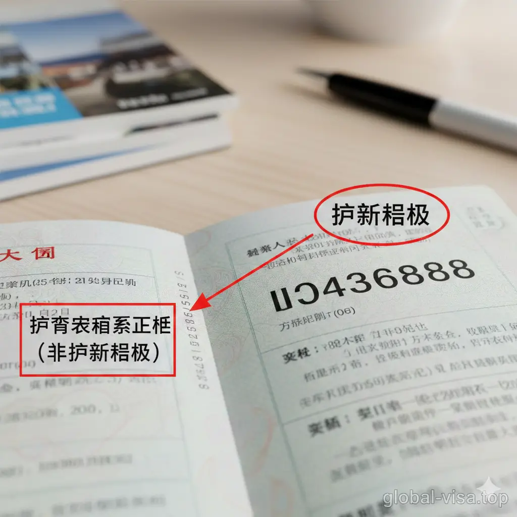 一张微距摄影风格的功能图,聚焦于中国电子护照的个人信息页。画面清晰展示了右上角的护照号码(Passport Number),并用红色圆圈或箭头对比指出护照侧边容易被误认的‘竖排库存序列号’。图片采用对比布局,标注出护照号码与Book Number的区别,色调明亮,光线柔和,突出细节展示。