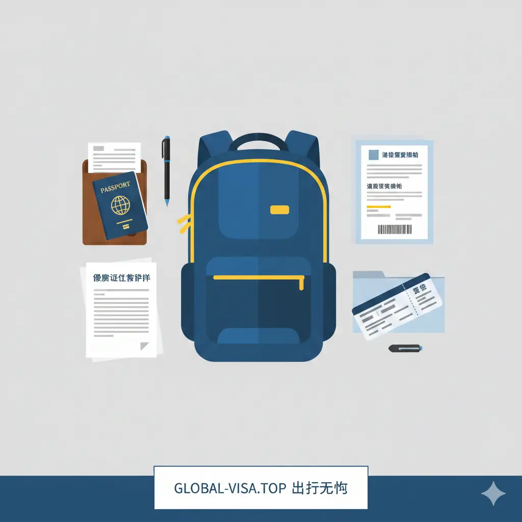 这张总结图采用上帝视角的扁平化排版风格。在一个旅行背包旁，整齐排列着装入护照套的护照、备用证件复印件、签证预约单和登机牌。整体色调明快且富有组织感，画面构图均衡，传达出通过合理的证件收纳管理，让国际旅行变得井然有序、安全无忧的最终愿景，充满出发前的期待感。