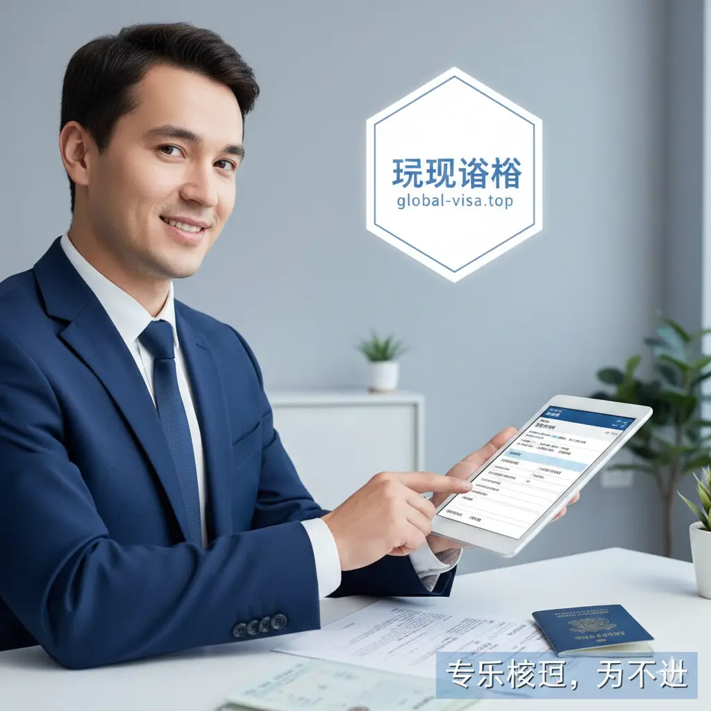 体现global-visa.top专业服务优势的图片。画面展示一位专业的签证顾问(半身像,正装,面带微笑)正在使用平板电脑检查签证申请资料。背景是简约整洁的现代化办公环境,画面一角带有‘Global Visa’的品牌元素。色彩清新,给人以专业、可靠、严谨的心理暗示,传达出‘专家核对,万无一失’的核心价值。